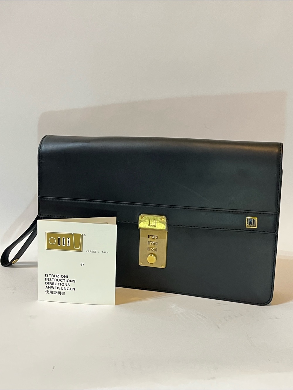 Dunhill Vintage Black Leather Clutch Gold Combination Lock Wristlet 🇮🇹